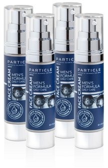 Four bottles of Particle Men's Formula Face Cream with transparent lids.