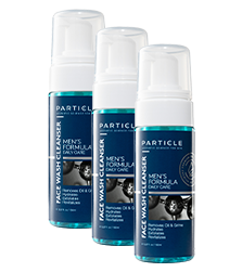 Three bottles of Particle Face Wash Cleanser standing diagonally.