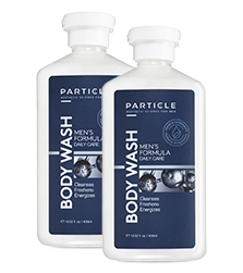 Two white bottles labeled Particle Body Wash Men's Formula Daily Care