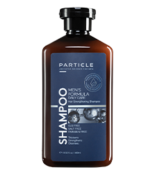 Brown bottle of Particle Men's Formula Hair Shampoo with dark cap.