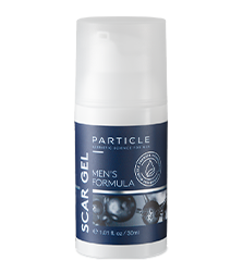 Particle Men's Formula Scar Gel in a pump bottle with a white cap