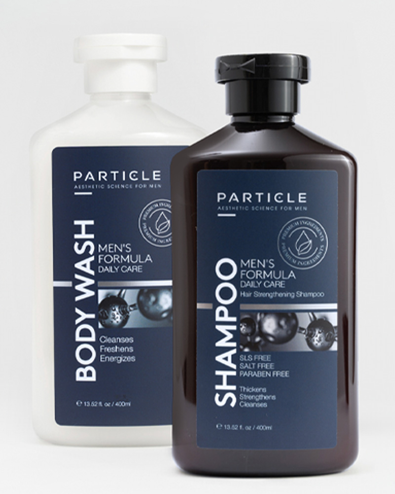 Particle set of two bottles consists of Body Wash in white bottle and Shampoo in brown bottle.