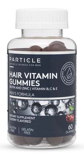 Plastic transparent bottle containing 60 Particle Hair Vitamin Gummies inside.