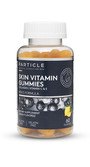 Bottle of Particle Skin Vitamin Gummies with blue label and yellow gummies visible inside.