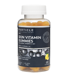 Single bottle of Particle Skin Vitamin Gummies with blue label.