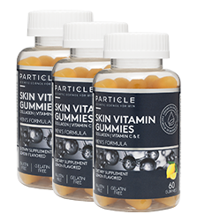 Three bottles of Particle Skin Vitamin Gummies with blue labels arranged in a row.