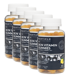 Five bottles of Particle Skin Vitamin Gummies with blue labels arranged in a line.