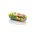 Transparent capsule filled with various colorful fruits.