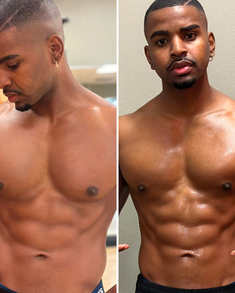 A man's torso comparison before and after using Particle AB Firming Cream.