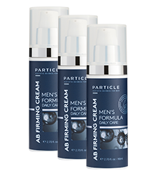 Three blue bottles labeled Particle Men's Formula Daily Care AB Firming Cream with white transparent caps.