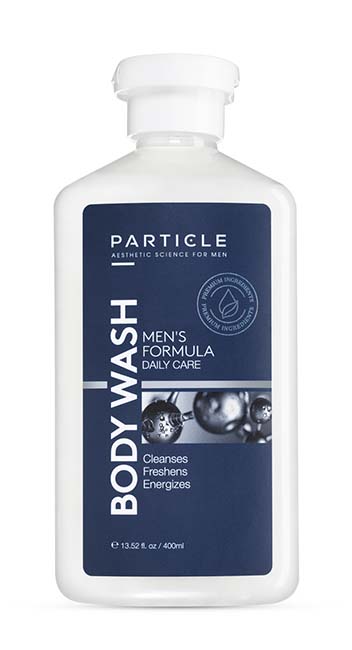 Particle Body Wash in white bottle with blue label, cleanses, freshens, energizes