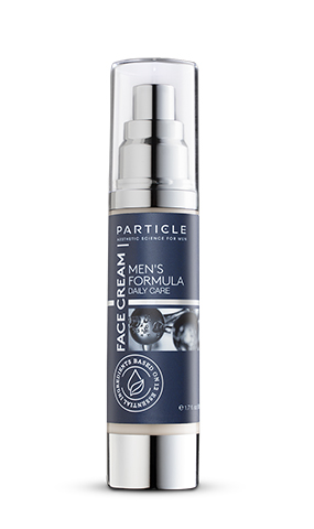 A pump bottle of Particle men's face cream with transparent cap.