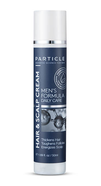 Particle Men’s Formula Hair & Scalp Cream Daily Care bottle with white cap.