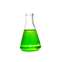 A green liquid is contained in a transparent conical flask.