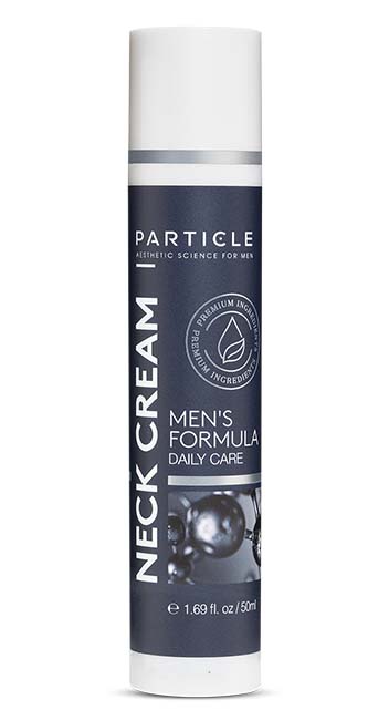 Particle Men’s Formula Daily Care Neck Cream in white bottle with white cap and blue label.