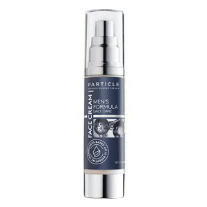 Silver bottle of Particle face cream, labeled Men's Formula Daily Care