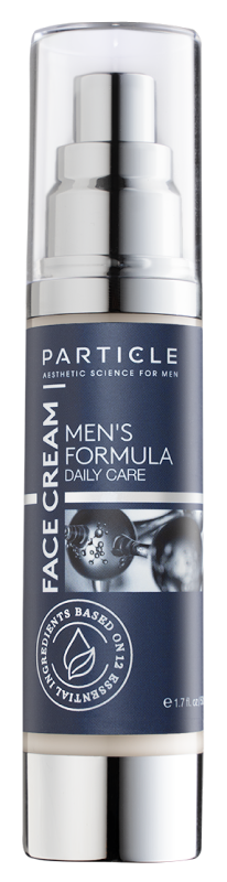 A bottle labeled Particle Face Cream Men's Formula Daily Care with blue and silver design.