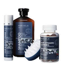 Particle hair care kit including shampoo, hair and scalp cream, hair vitamin gummies, and a scalp massager