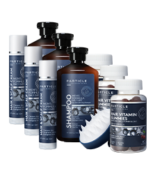 Particle hair care kit including 3 shampoo, 3 hair and scalp cream, 3 jars hair vitamin gummies, and 3 scalp massager