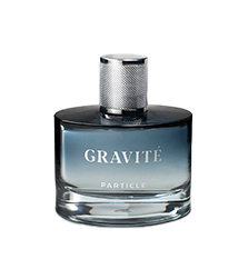 Perfume bottle labeled Gravité particle with a metallic cap.