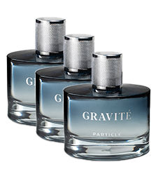 Three perfume bottles, labeled Gravité Particle, arranged diagonally.