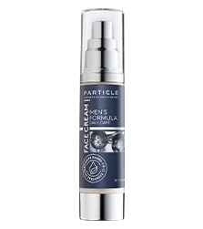 Bottle of Particle Men's Formula Face Cream with a pump dispenser, blue label.