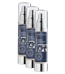 Three silver bottles of Particle face cream with dark blue labels are lined up diagonally.