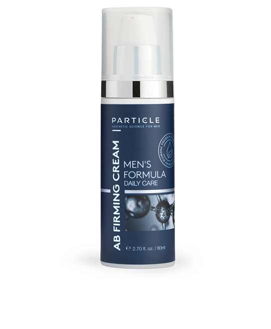 Particle For Men AB Firming cream in white bottle with blue-gray label on white background.